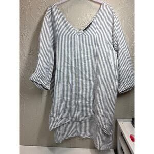 Tahari Womens Blue White Stripes Linen Tunic Top High Low VNeck 3/4 Sleeve Large